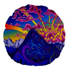 Psychedelic Colorful Lines Nature Mountain Trees Snowy Peak Moon Sun Rays Hill Road Artwork Stars Large 18  Premium Round Cushions by Simbadda