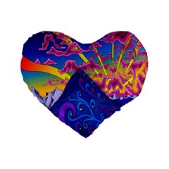 Psychedelic Colorful Lines Nature Mountain Trees Snowy Peak Moon Sun Rays Hill Road Artwork Stars Standard 16  Premium Heart Shape Cushions by Simbadda