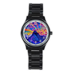 Psychedelic Colorful Lines Nature Mountain Trees Snowy Peak Moon Sun Rays Hill Road Artwork Stars Stainless Steel Round Watch by Simbadda