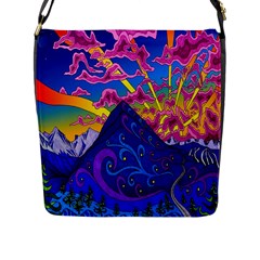 Psychedelic Colorful Lines Nature Mountain Trees Snowy Peak Moon Sun Rays Hill Road Artwork Stars Flap Messenger Bag (l)  by Simbadda