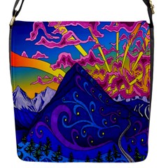 Psychedelic Colorful Lines Nature Mountain Trees Snowy Peak Moon Sun Rays Hill Road Artwork Stars Flap Messenger Bag (s) by Simbadda