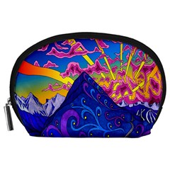 Psychedelic Colorful Lines Nature Mountain Trees Snowy Peak Moon Sun Rays Hill Road Artwork Stars Accessory Pouches (large)  by Simbadda