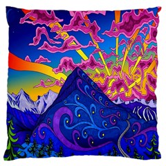 Psychedelic Colorful Lines Nature Mountain Trees Snowy Peak Moon Sun Rays Hill Road Artwork Stars Large Flano Cushion Case (one Side) by Simbadda