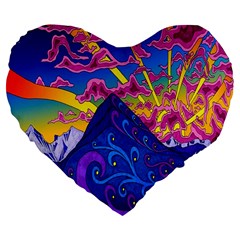 Psychedelic Colorful Lines Nature Mountain Trees Snowy Peak Moon Sun Rays Hill Road Artwork Stars Large 19  Premium Flano Heart Shape Cushions