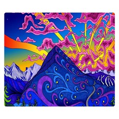 Psychedelic Colorful Lines Nature Mountain Trees Snowy Peak Moon Sun Rays Hill Road Artwork Stars Double Sided Flano Blanket (small)  by Simbadda