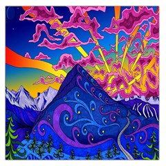 Psychedelic Colorful Lines Nature Mountain Trees Snowy Peak Moon Sun Rays Hill Road Artwork Stars Large Satin Scarf (square) by Simbadda