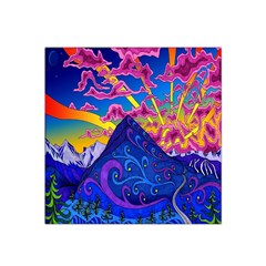 Psychedelic Colorful Lines Nature Mountain Trees Snowy Peak Moon Sun Rays Hill Road Artwork Stars Satin Bandana Scarf by Simbadda