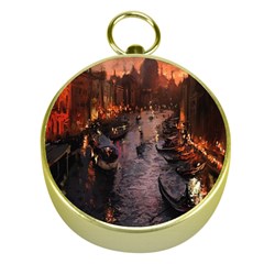 River Venice Gondolas Italy Artwork Painting Gold Compasses by Simbadda