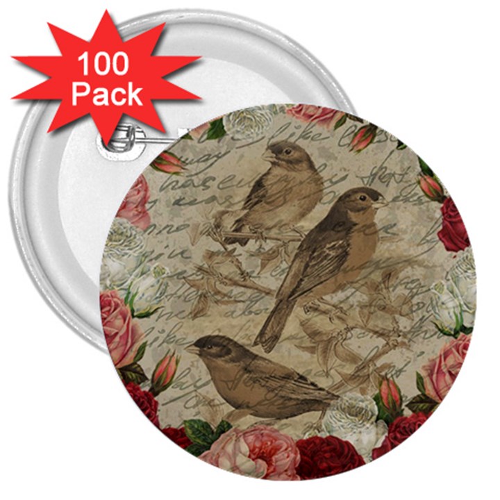 Vintage birds 3  Buttons (100 pack) 