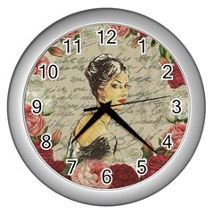 Vintage Girl Wall Clocks (silver)  by Valentinaart