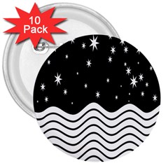 Black And White Waves And Stars Abstract Backdrop Clipart 3  Buttons (10 Pack)  by Simbadda