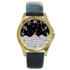 Black And White Waves And Stars Abstract Backdrop Clipart Round Gold Metal Watch by Simbadda