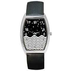 Black And White Waves And Stars Abstract Backdrop Clipart Barrel Style Metal Watch by Simbadda