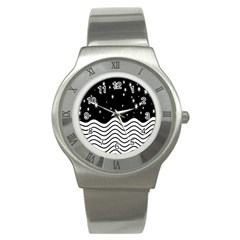 Black And White Waves And Stars Abstract Backdrop Clipart Stainless Steel Watch by Simbadda