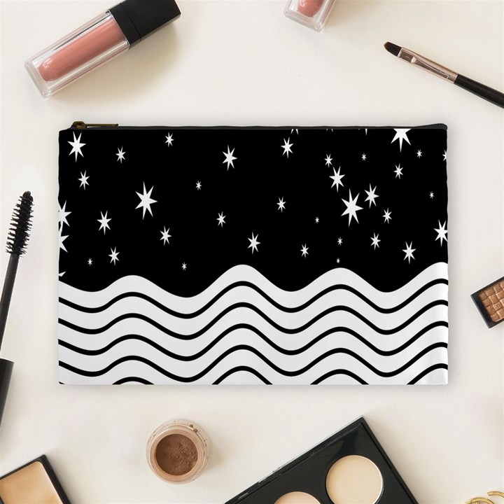 Black And White Waves And Stars Abstract Backdrop Clipart Cosmetic Bag (Large) 