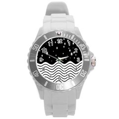 Black And White Waves And Stars Abstract Backdrop Clipart Round Plastic Sport Watch (l) by Simbadda