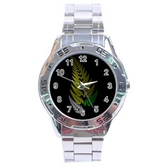 Drawing Of A Fractal Fern On Black Stainless Steel Analogue Watch