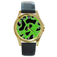 Black Green Abstract Shapes A Completely Seamless Tile Able Background Round Gold Metal Watch by Simbadda