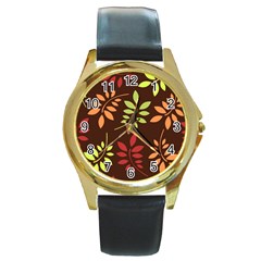 Leaves Wallpaper Pattern Seamless Autumn Colors Leaf Background Round Gold Metal Watch by Simbadda