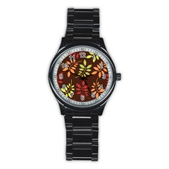 Leaves Wallpaper Pattern Seamless Autumn Colors Leaf Background Stainless Steel Round Watch by Simbadda