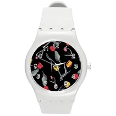 Colorful Tulip Wallpaper Pattern Background Pattern Wallpaper Round Plastic Sport Watch (m) by Simbadda