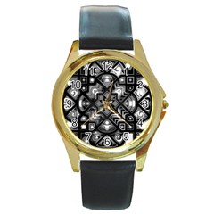 Geometric Line Art Background In Black And White Round Gold Metal Watch by Simbadda