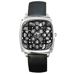 Geometric Line Art Background In Black And White Square Metal Watch by Simbadda