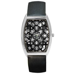 Geometric Line Art Background In Black And White Barrel Style Metal Watch by Simbadda