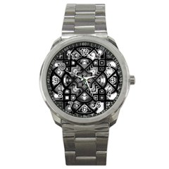 Geometric Line Art Background In Black And White Sport Metal Watch by Simbadda