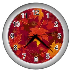 Autumn Leaves Fall Maple Wall Clocks (silver)  by Simbadda