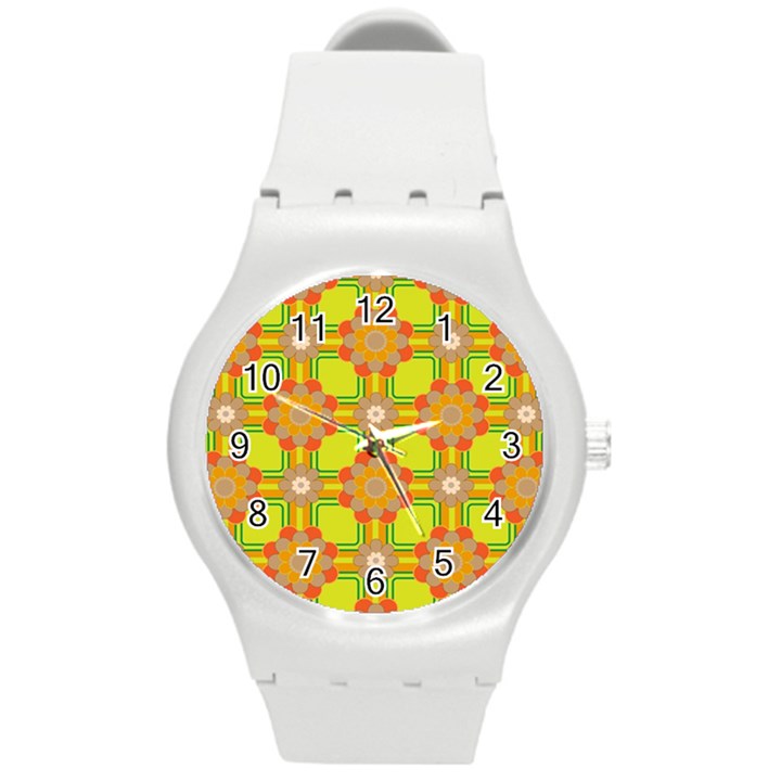 Floral Pattern Wallpaper Background Beautiful Colorful Round Plastic Sport Watch (M)