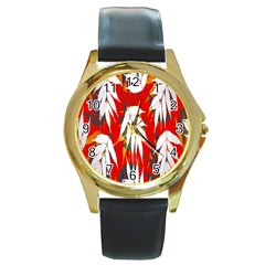 Leaves Pattern Background Pattern Round Gold Metal Watch by Simbadda