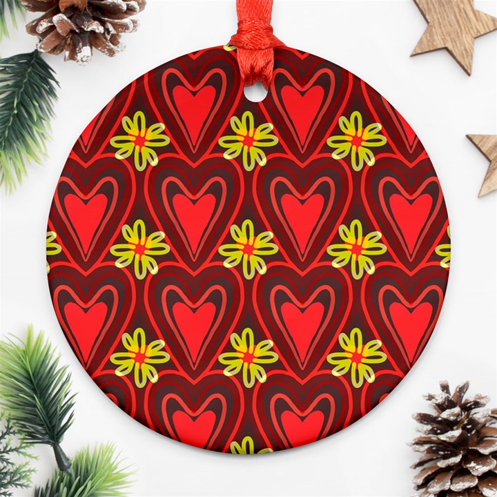 Digitally Created Seamless Love Heart Pattern Tile Ornament (Round)