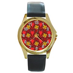 Digitally Created Seamless Love Heart Pattern Tile Round Gold Metal Watch by Simbadda