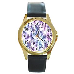 Floral Pattern Background Round Gold Metal Watch by Simbadda