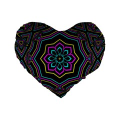 Cyan Yellow Magenta Kaleidoscope Standard 16  Premium Flano Heart Shape Cushions by Simbadda