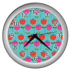 Tulips Floral Background Pattern Wall Clocks (silver)  by Simbadda