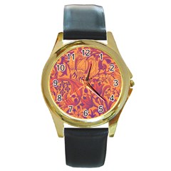 Floral Pattern Round Gold Metal Watch by Valentinaart