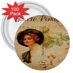 Lady On Vintage Postcard Vintage Floral French Postcard With Face Of Glamorous Woman Illustration 3  Buttons (100 Pack)  by Simbadda