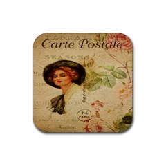 Lady On Vintage Postcard Vintage Floral French Postcard With Face Of Glamorous Woman Illustration Rubber Coaster (square)  by Simbadda