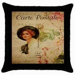 Lady On Vintage Postcard Vintage Floral French Postcard With Face Of Glamorous Woman Illustration Throw Pillow Case (black) by Simbadda