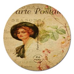 Lady On Vintage Postcard Vintage Floral French Postcard With Face Of Glamorous Woman Illustration Magnet 5  (round) by Simbadda