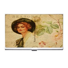 Lady On Vintage Postcard Vintage Floral French Postcard With Face Of Glamorous Woman Illustration Business Card Holders by Simbadda