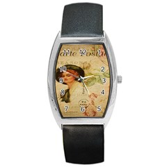 Lady On Vintage Postcard Vintage Floral French Postcard With Face Of Glamorous Woman Illustration Barrel Style Metal Watch by Simbadda