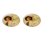 Lady On Vintage Postcard Vintage Floral French Postcard With Face Of Glamorous Woman Illustration Cufflinks (Oval) Front(Pair)