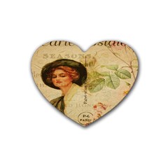 Lady On Vintage Postcard Vintage Floral French Postcard With Face Of Glamorous Woman Illustration Heart Coaster (4 Pack)  by Simbadda