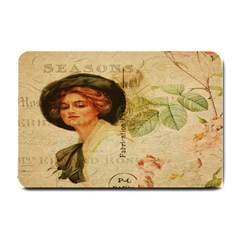 Lady On Vintage Postcard Vintage Floral French Postcard With Face Of Glamorous Woman Illustration Small Doormat  by Simbadda