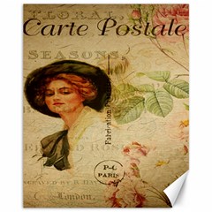 Lady On Vintage Postcard Vintage Floral French Postcard With Face Of Glamorous Woman Illustration Canvas 11  X 14   by Simbadda