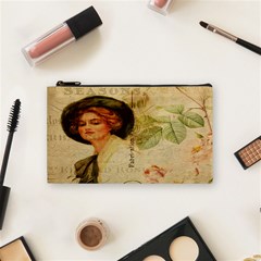 Lady On Vintage Postcard Vintage Floral French Postcard With Face Of Glamorous Woman Illustration Cosmetic Bag (small)  by Simbadda