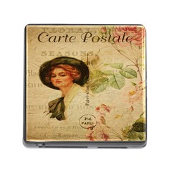 Lady On Vintage Postcard Vintage Floral French Postcard With Face Of Glamorous Woman Illustration Memory Card Reader (square) by Simbadda